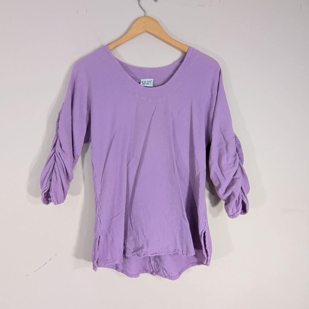 Oh My Gauze Purple Blouse; Ruched 3/4 Sleeve Cotton Gauze Top